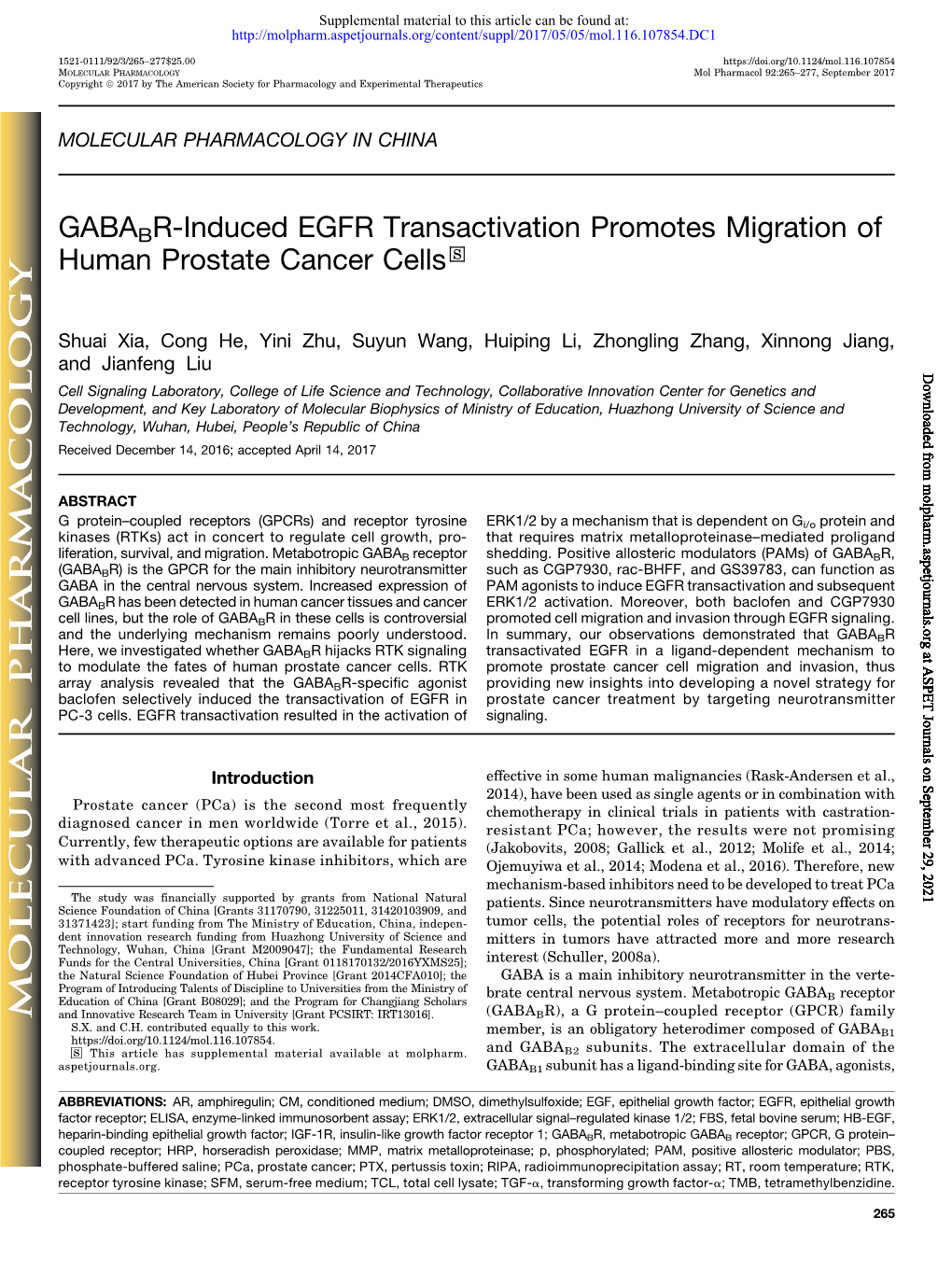 GABABR-Induced EGFR Transactivation Promotes Migration of Human Prostate Cancer Cells S