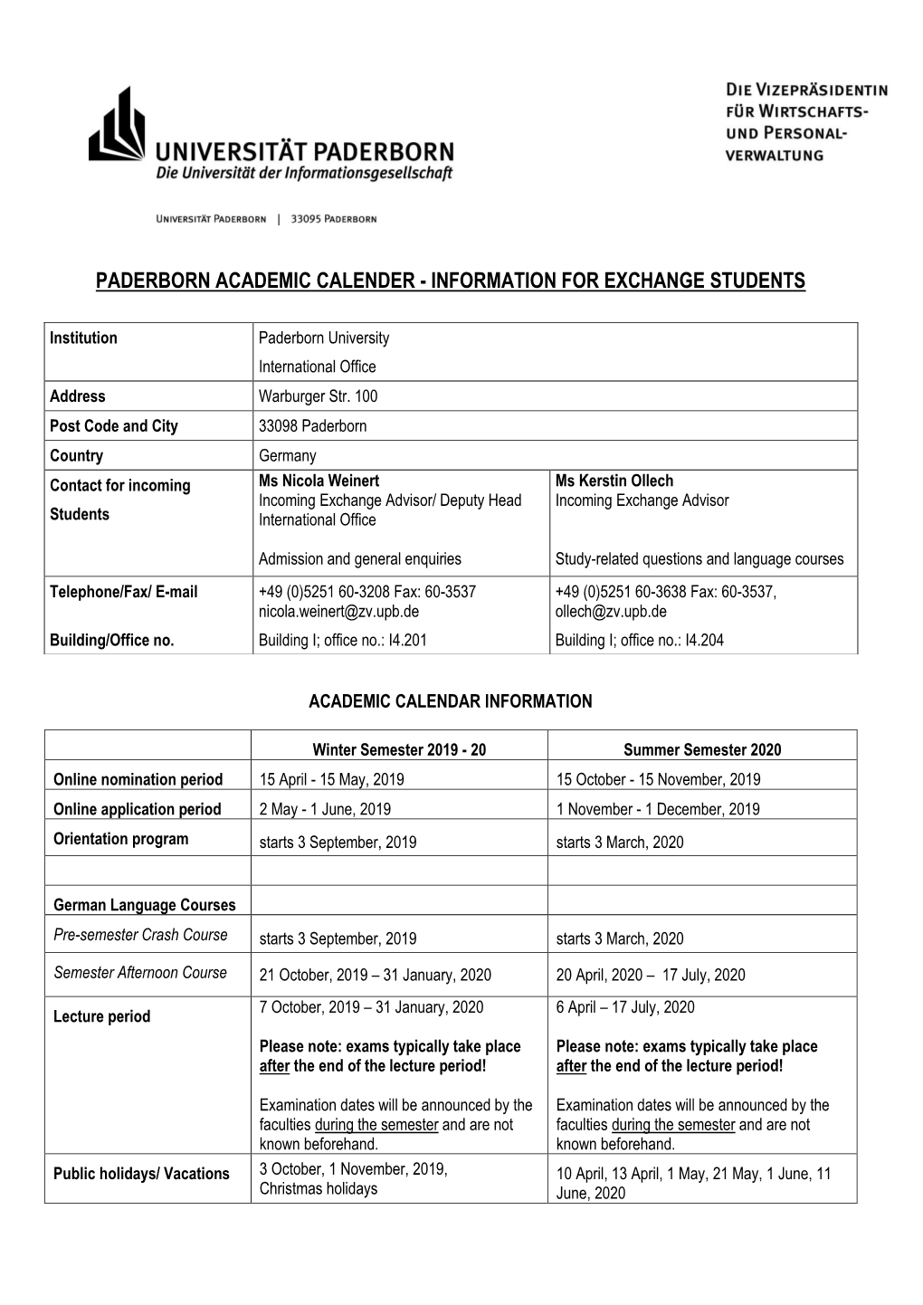 Paderborn Academic Calender - Information for Exchange Students