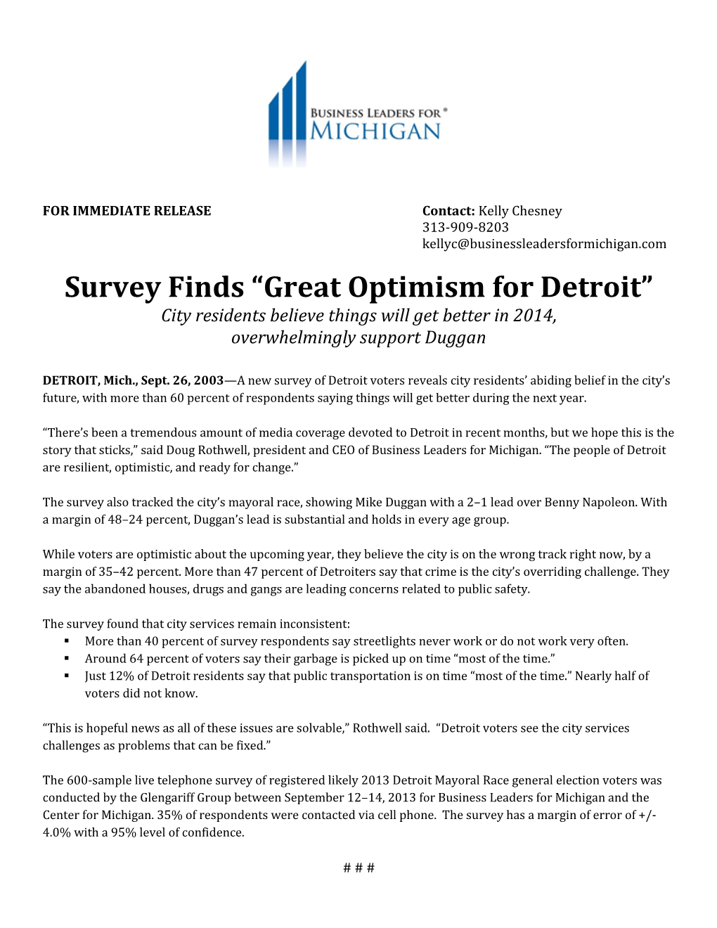 Survey Finds “Great Optimism for Detroit” City Residents Believe Things Will Get Better in 2014, Overwhelmingly Support Duggan