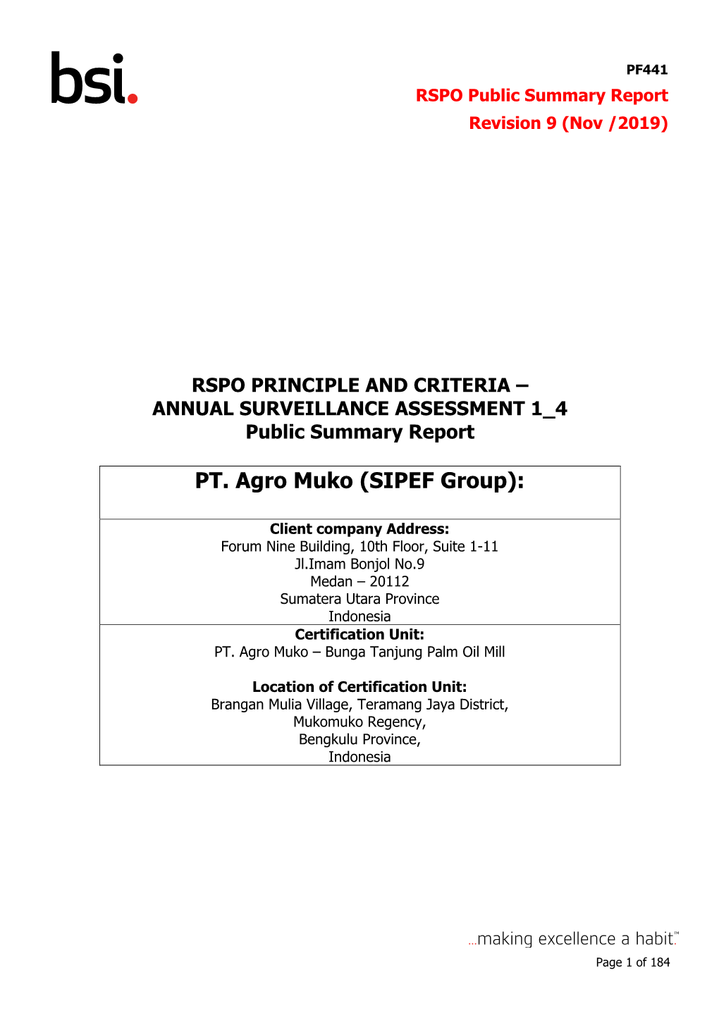 RSPO Public Summary Report Revision 9 (Nov /2019)