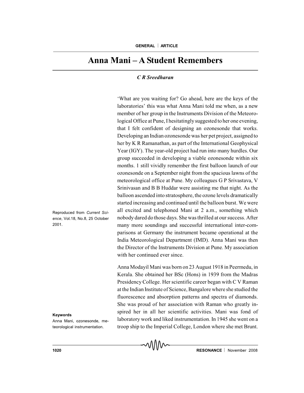 Anna Mani – a Student Remembers