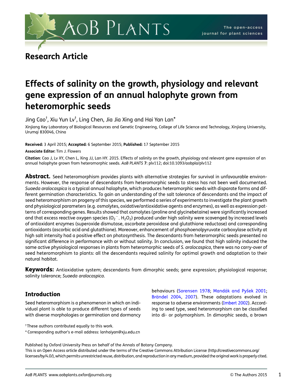 Effects of Salinity on the Growth, Physiology and Relevant Gene Expression of an Annual Halophyte Grown from Heteromorphic Seeds