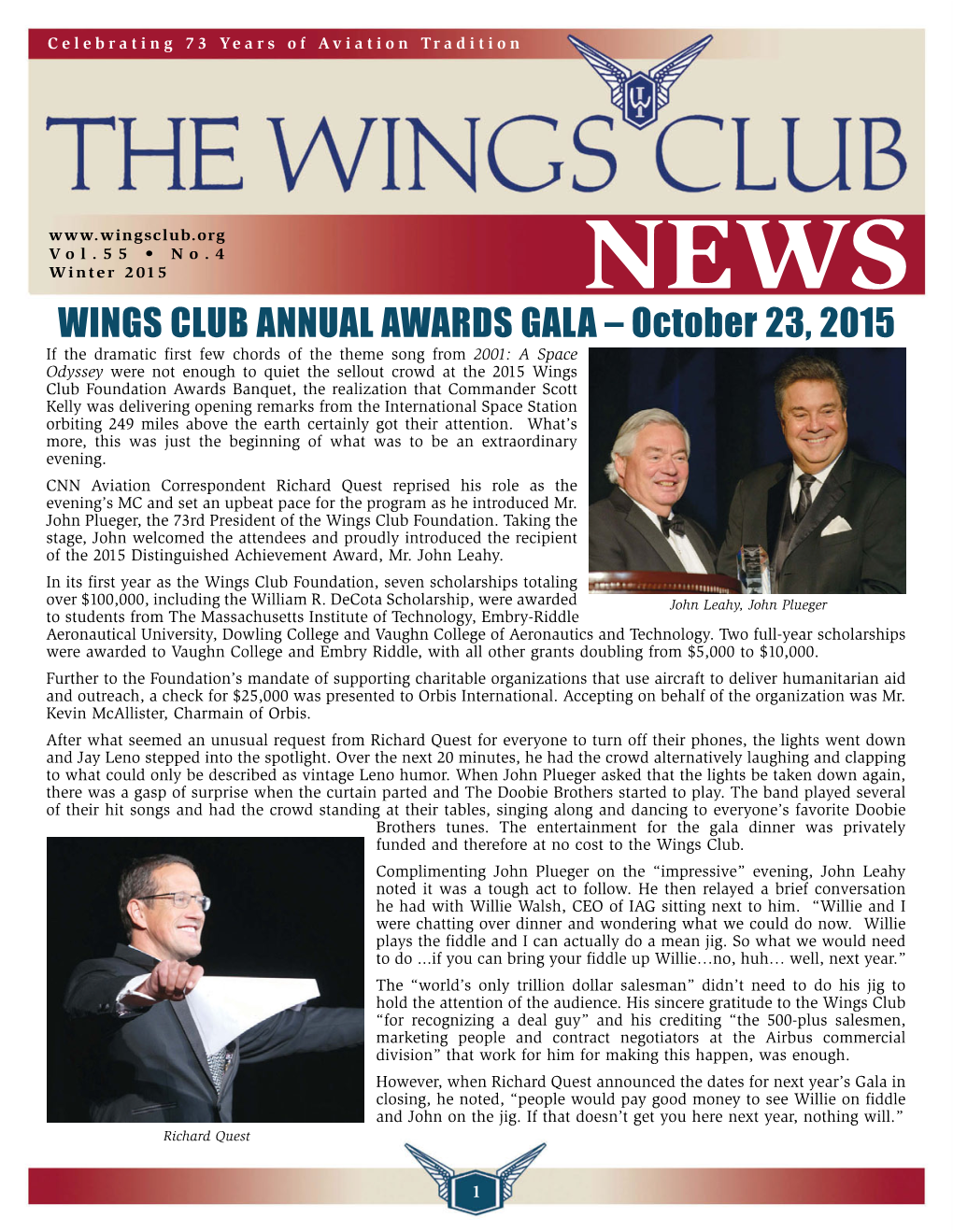 WINGS CLUB ANNUAL AWARDS GALA – October 23, 2015
