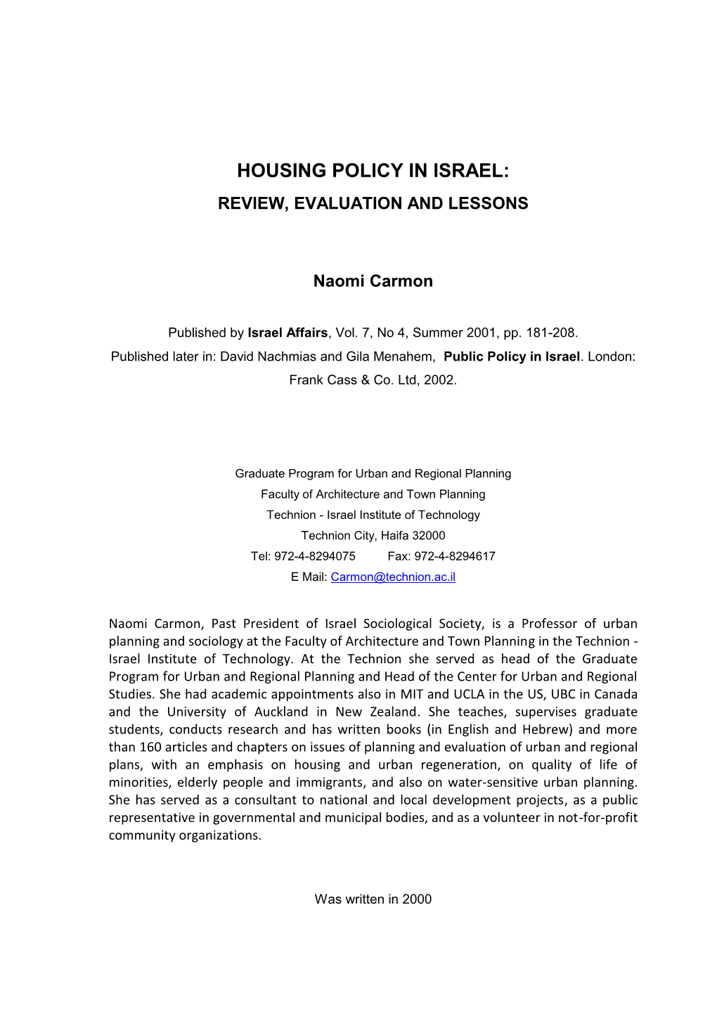 Housing Policy in Israel: Review, Evaluation and Lessons