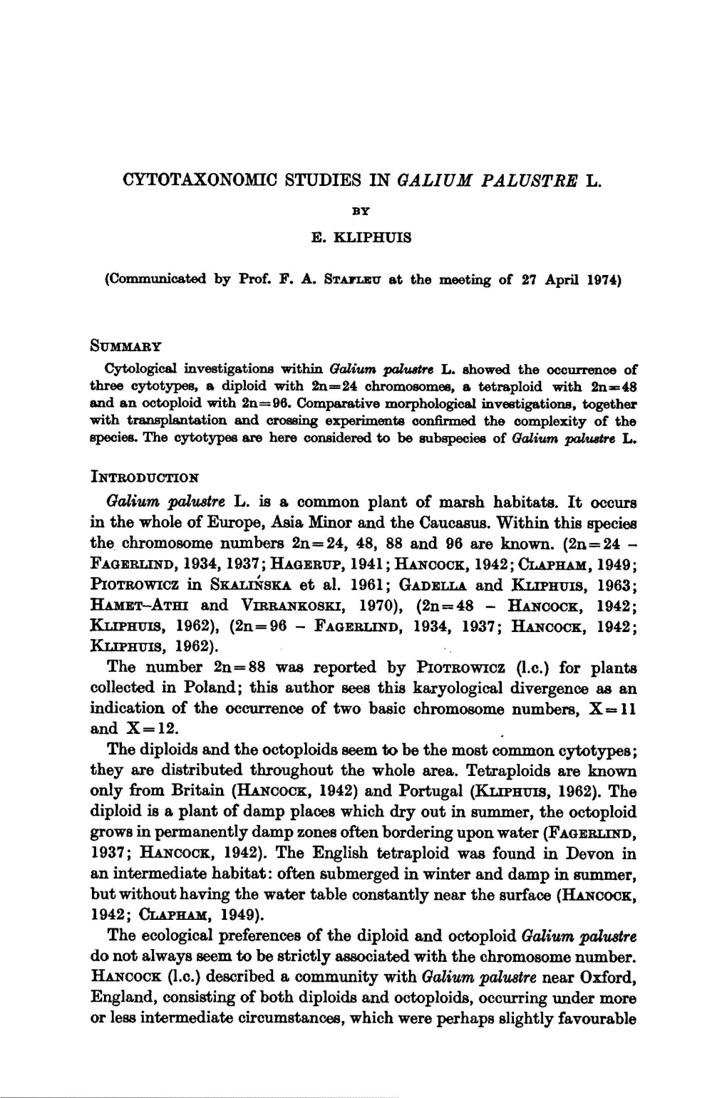 Cytotaxonomic Studies in Galium Palustre L