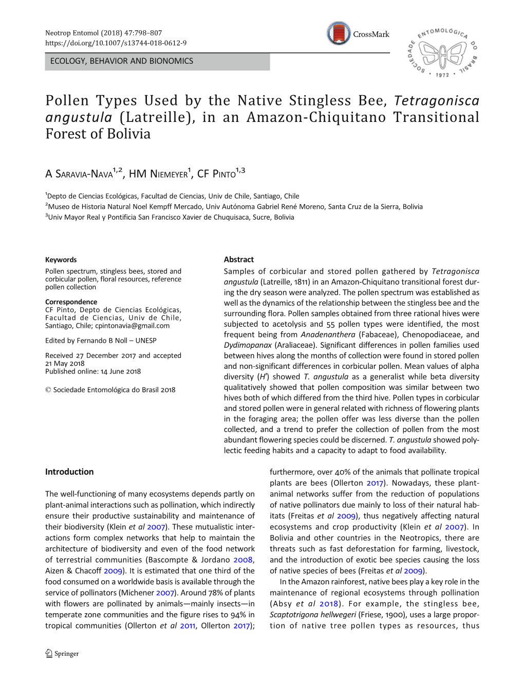 Pollen Types Used by the Native Stingless Bee, Tetragonisca Angustula (Latreille), in an Amazon-Chiquitano Transitional Forest of Bolivia