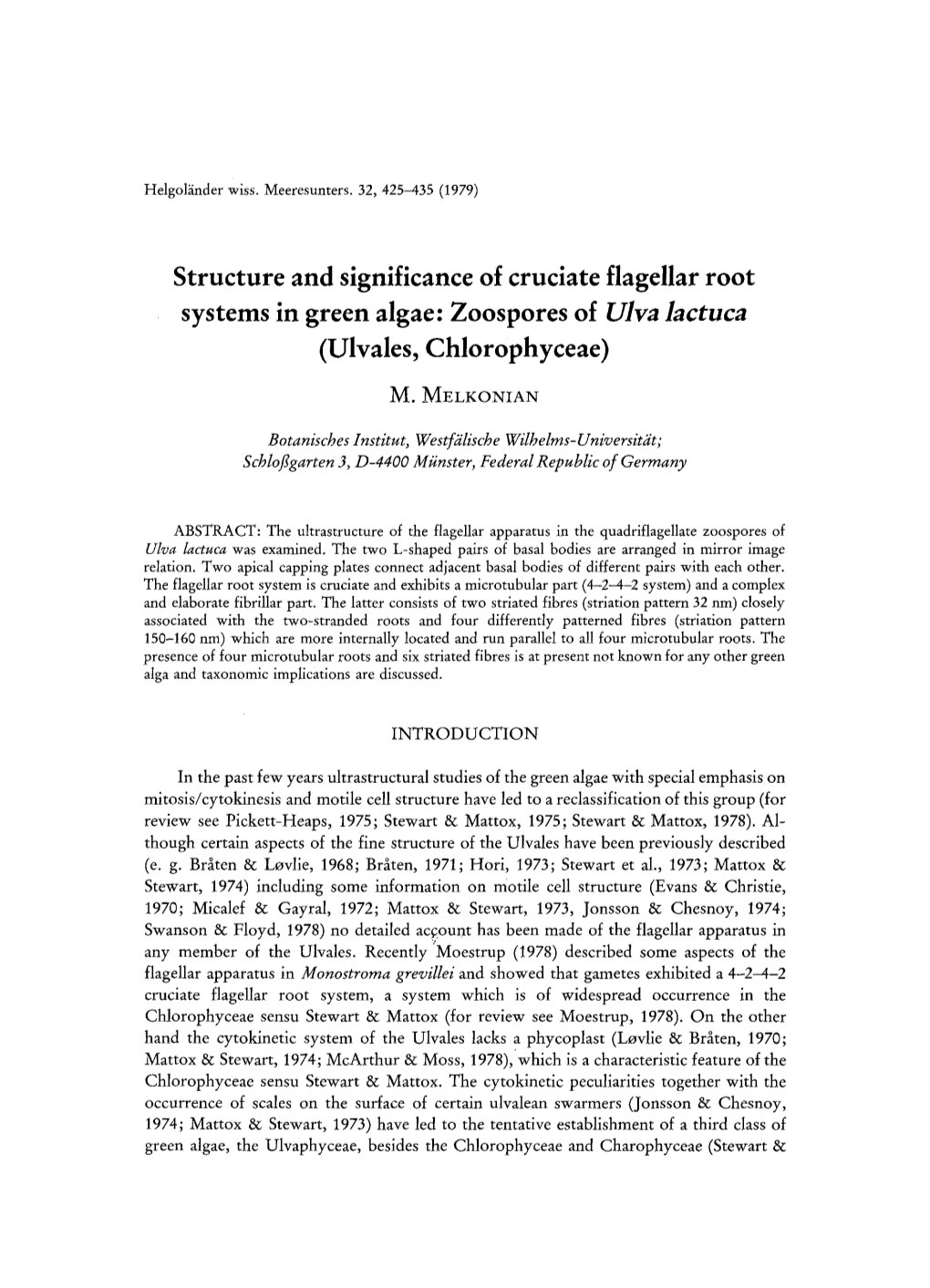 Structure and Significance of Cruciate Flagellar Root Systems in Green Algae: Zoospores of Ulva Lactuca (Ulvales, Chlorophyceae)