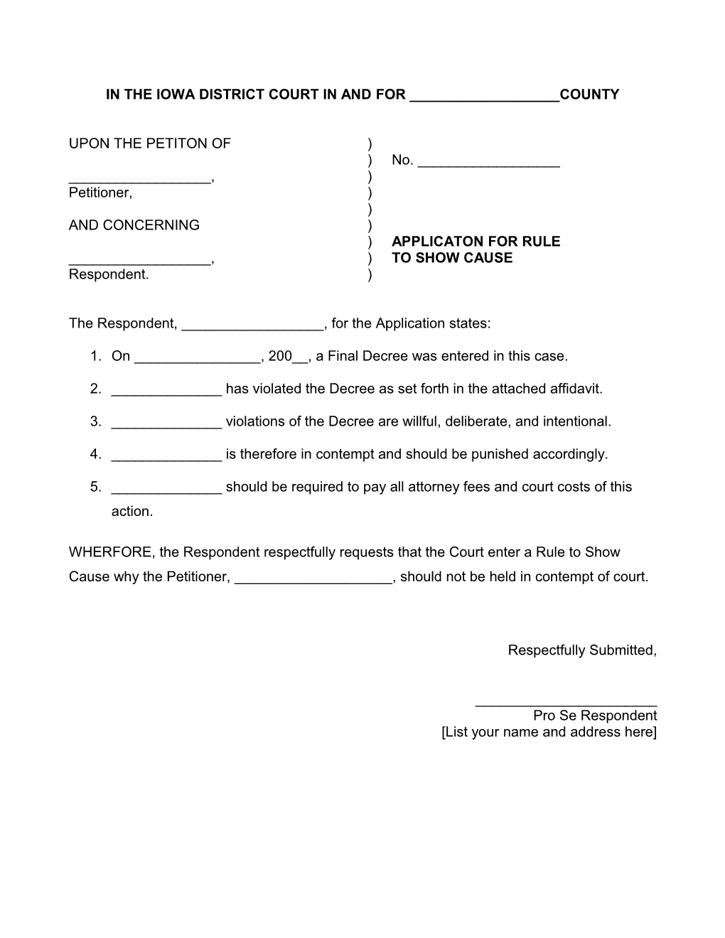 Sample Application For Rule To Show Cause