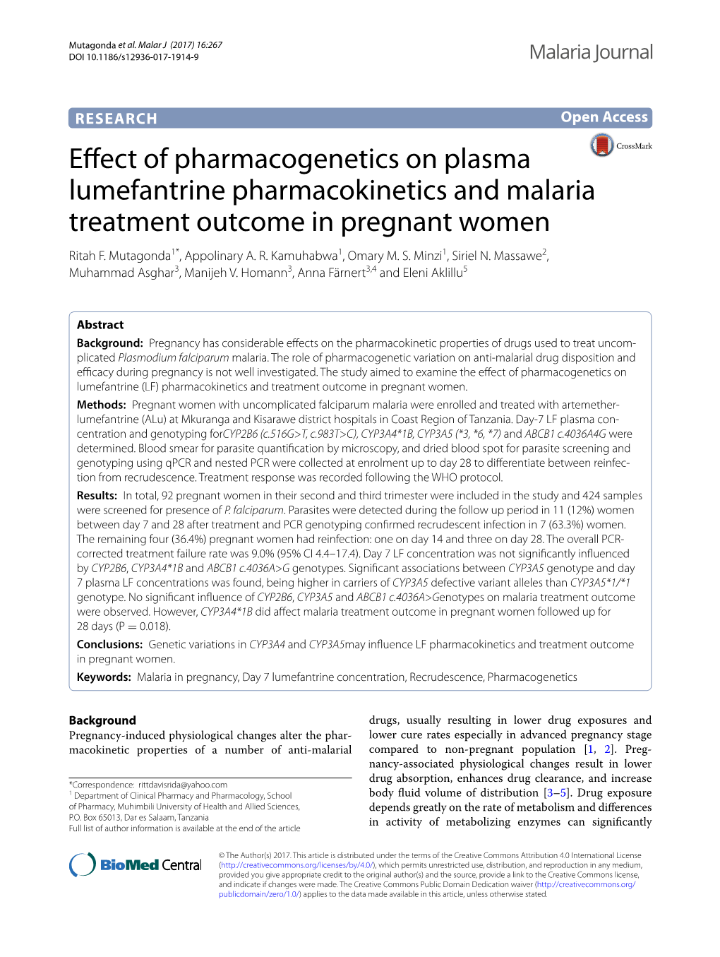 Effect of Pharmacogenetics on Plasma Lumefantrine Pharmacokinetics And