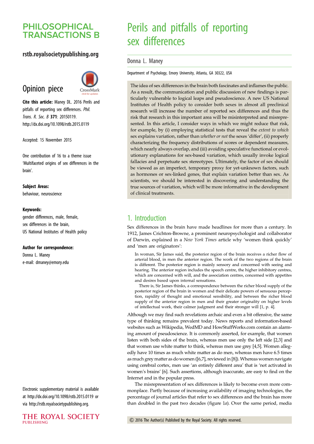 Perils and Pitfalls of Reporting Sex Differences Rstb.Royalsocietypublishing.Org Donna L