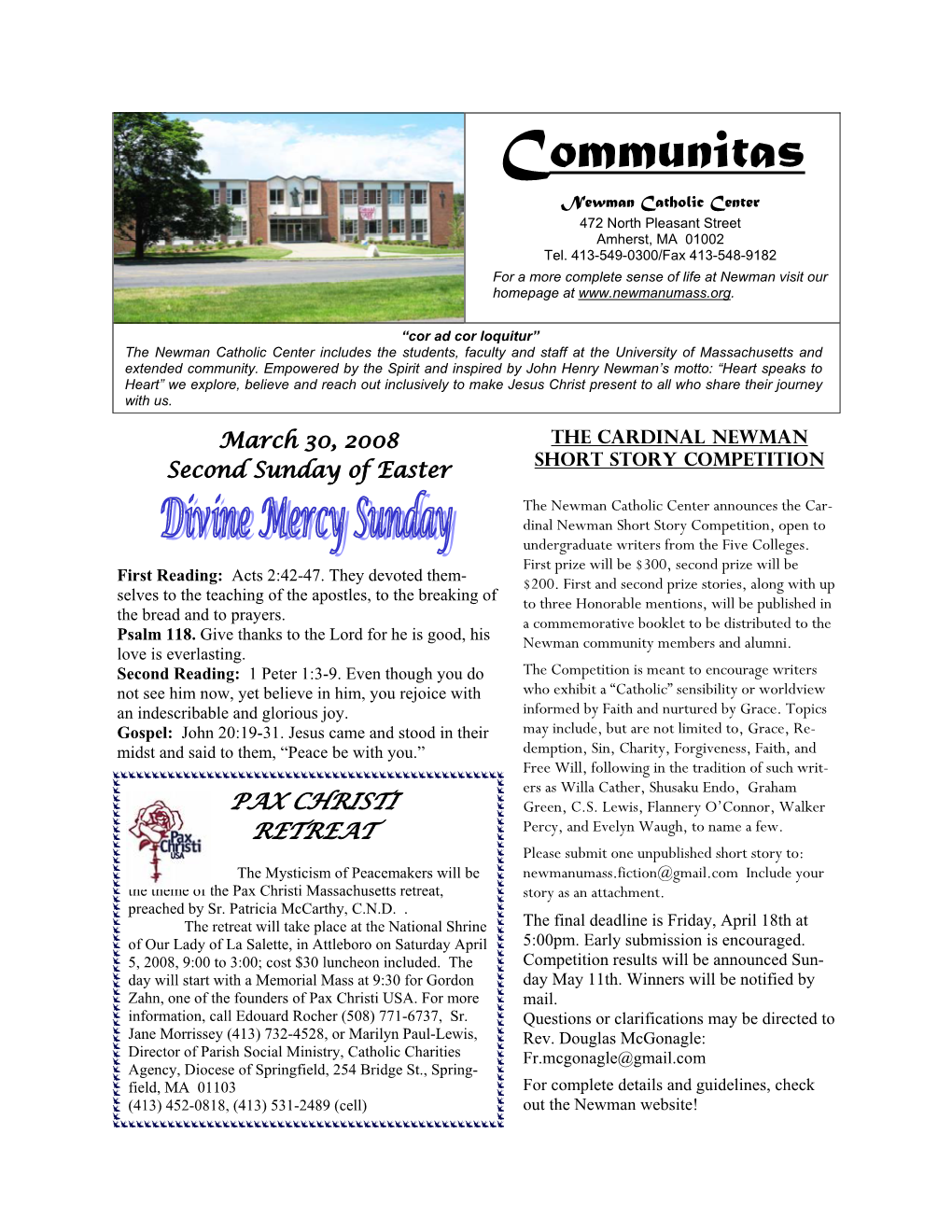 Communitas Newman Catholic Center 472 North Pleasant Street Amherst, MA 01002 Tel