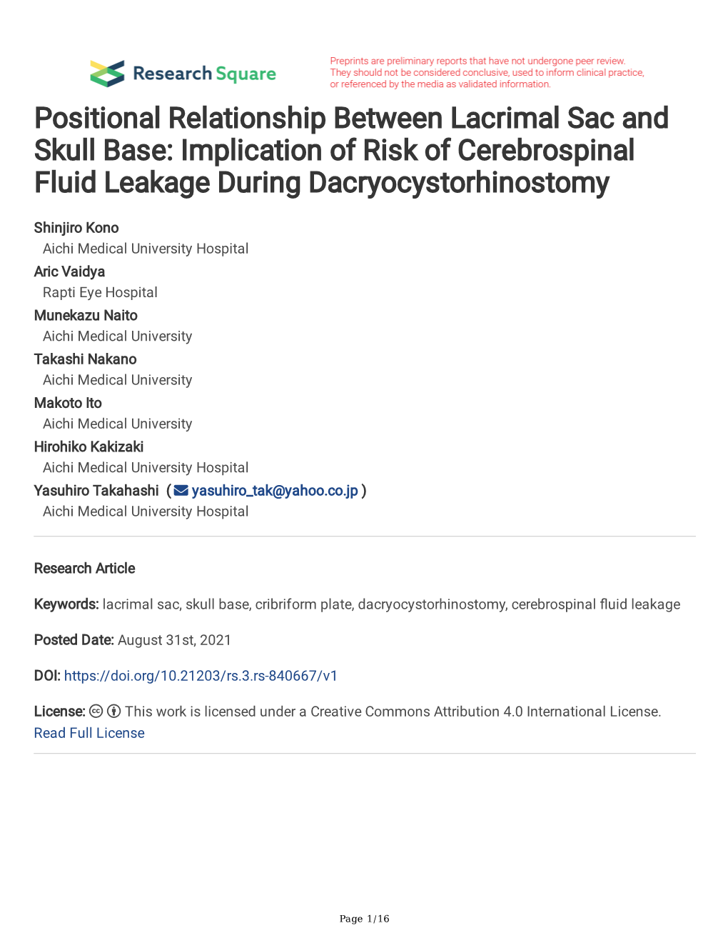 Positional Relationship Between Lacrimal Sac and Skull Base: Implication of Risk of Cerebrospinal Fluid Leakage During Dacryocystorhinostomy