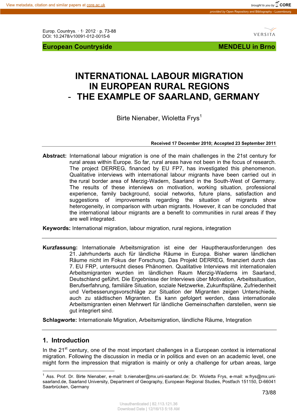 International Labour Migration in European Rural Regions - the Example of Saarland, Germany