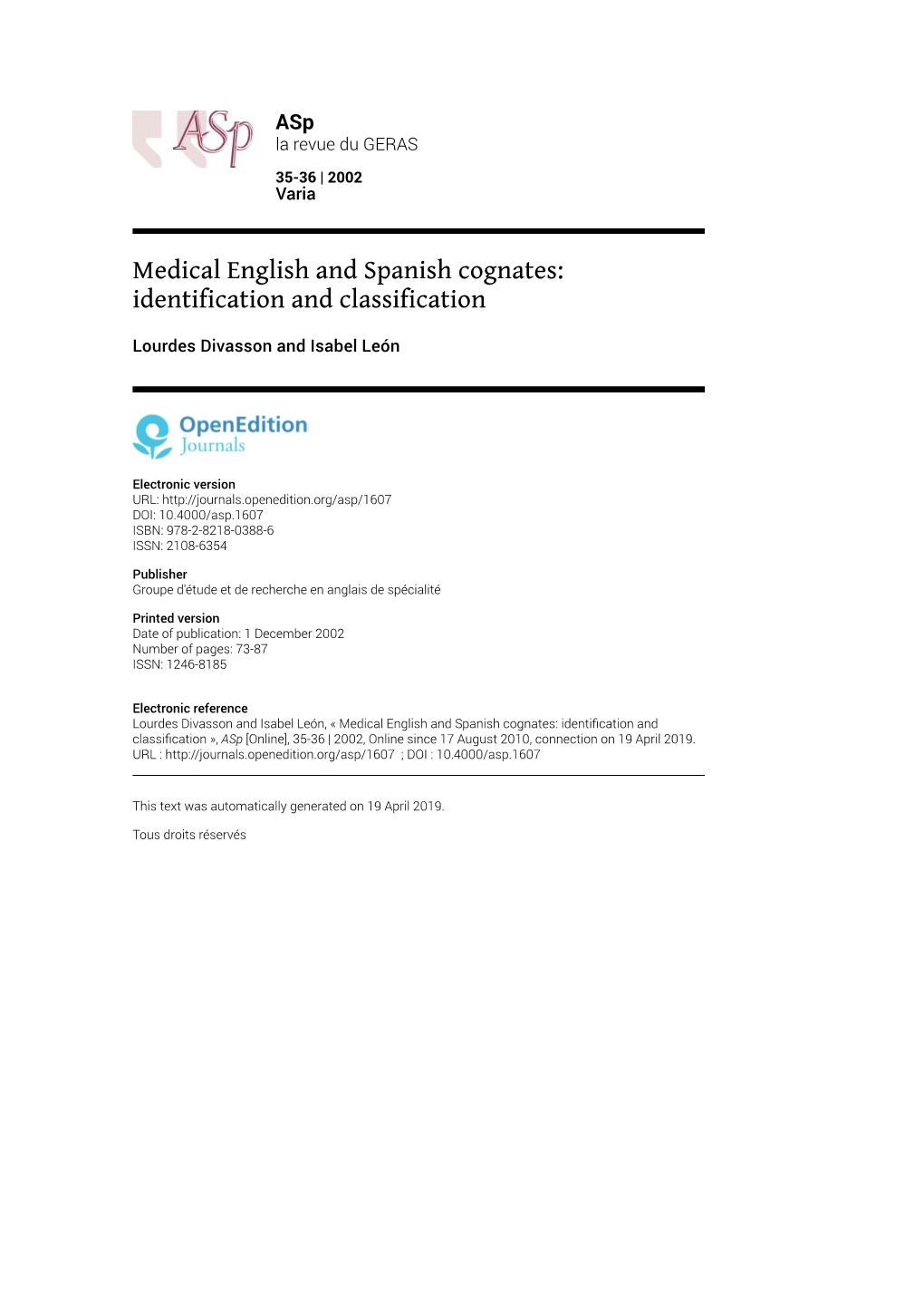 Medical English and Spanish Cognates: Identification and Classification