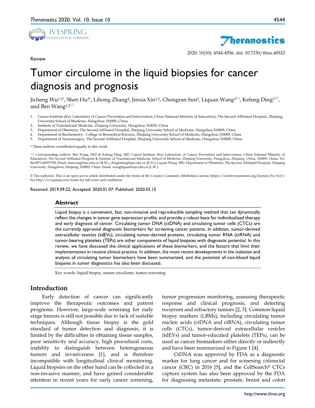 Theranostics Tumor Circulome in the Liquid Biopsies for Cancer