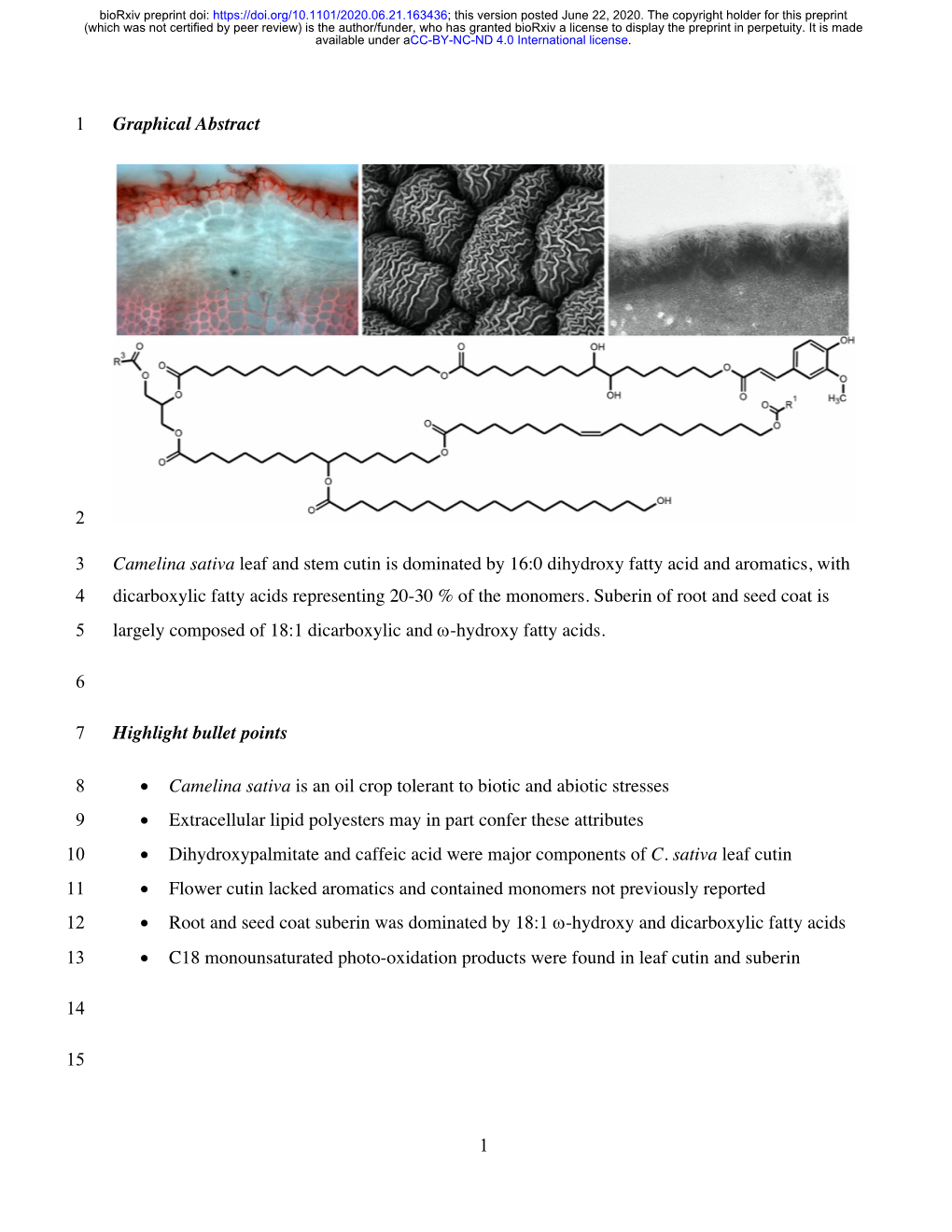 1 Graphical Abstract 1 2 Camelina Sativa Leaf and Stem Cutin