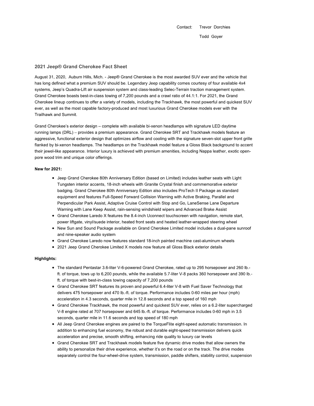 2021 Jeep Grand Cherokee Fact Sheet