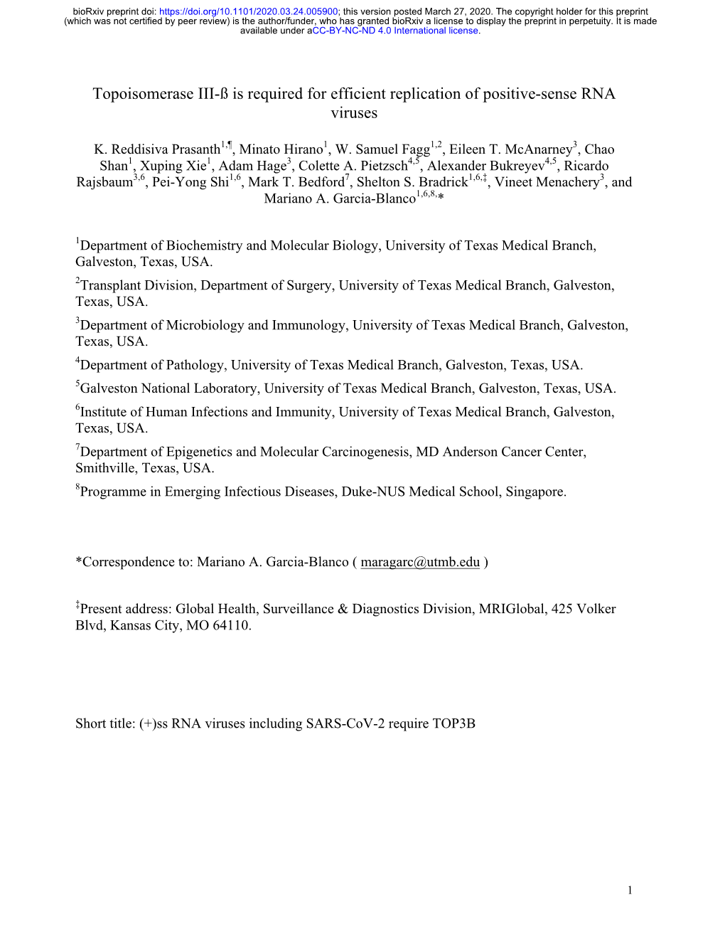 Topoisomerase III-ß Is Required for Efficient Replication of Positive-Sense RNA Viruses