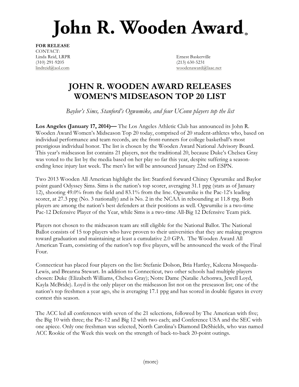 John R. Wooden Award Releases Women's