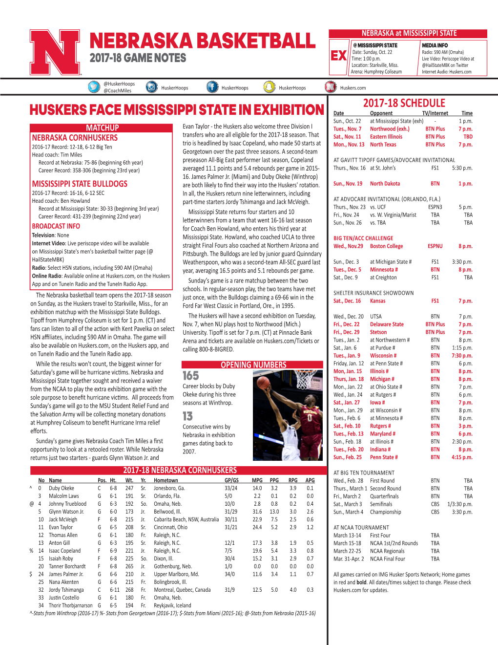 NEBRASKA BASKETBALL @ MISSISSIPPI STATE MEDIA INFO Date: Sunday, Oct