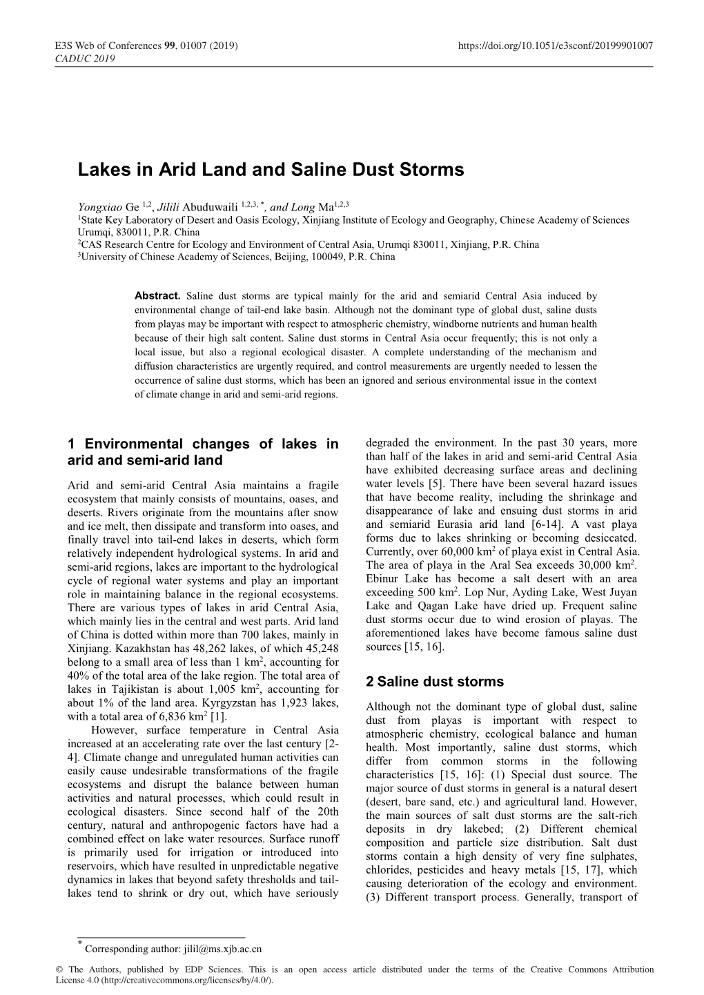 Lakes in Arid Land and Saline Dust Storms