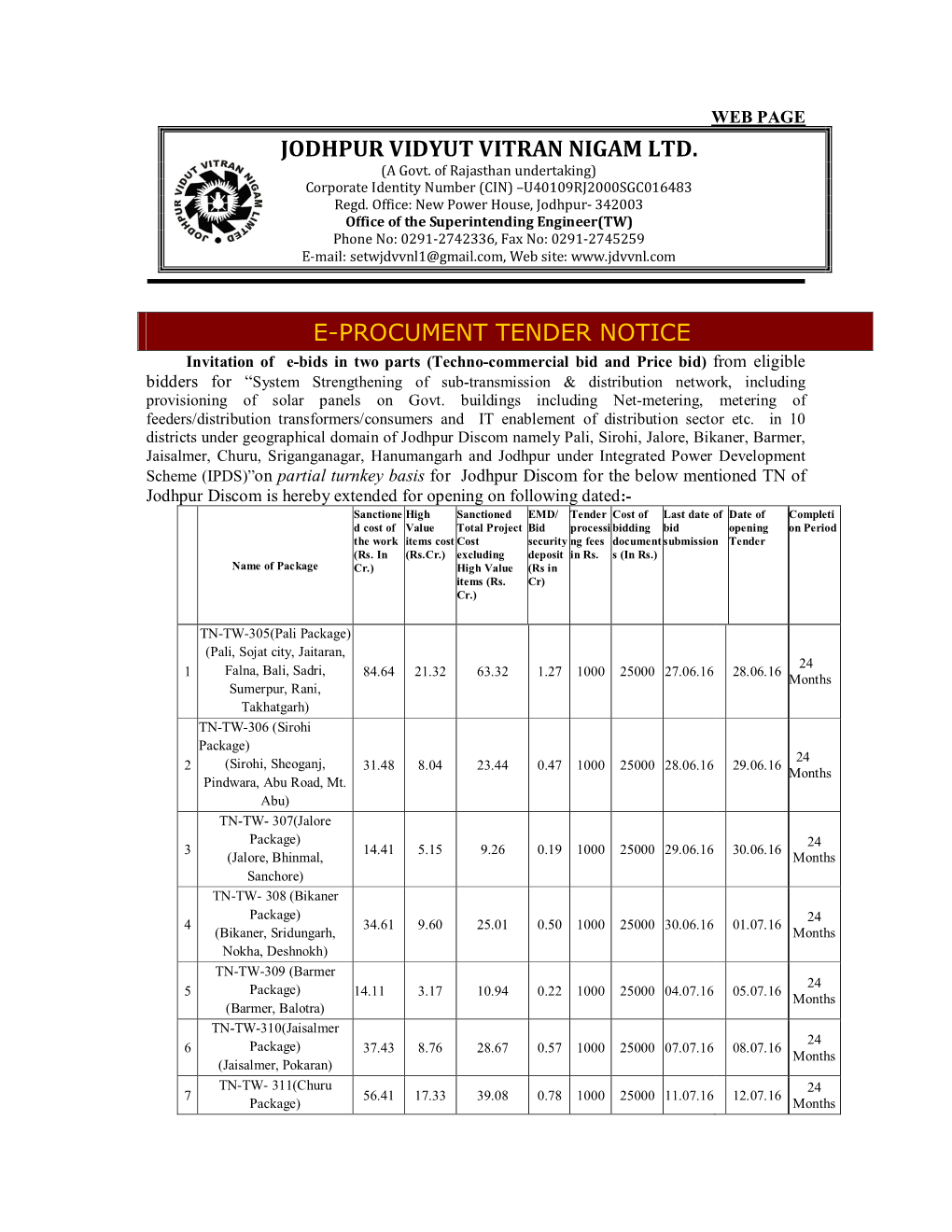 Jodhpur Vidyut Vitran Nigam Ltd. E-Procument Tender