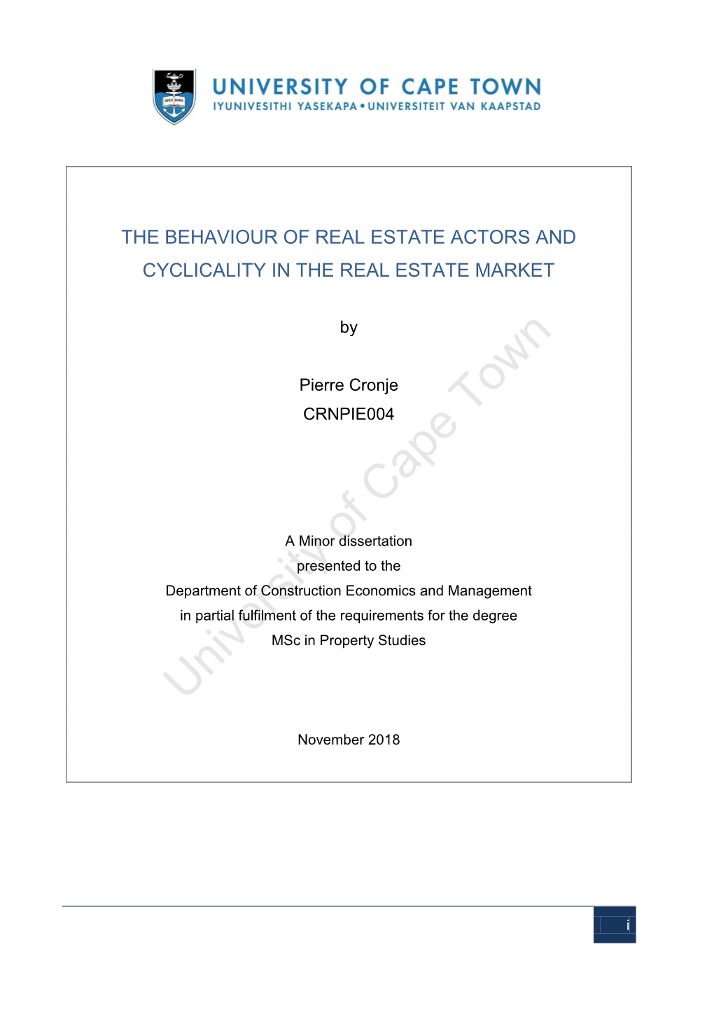 The Behaviour of Real Estate Actors and Cyclicality in the Real Estate Market