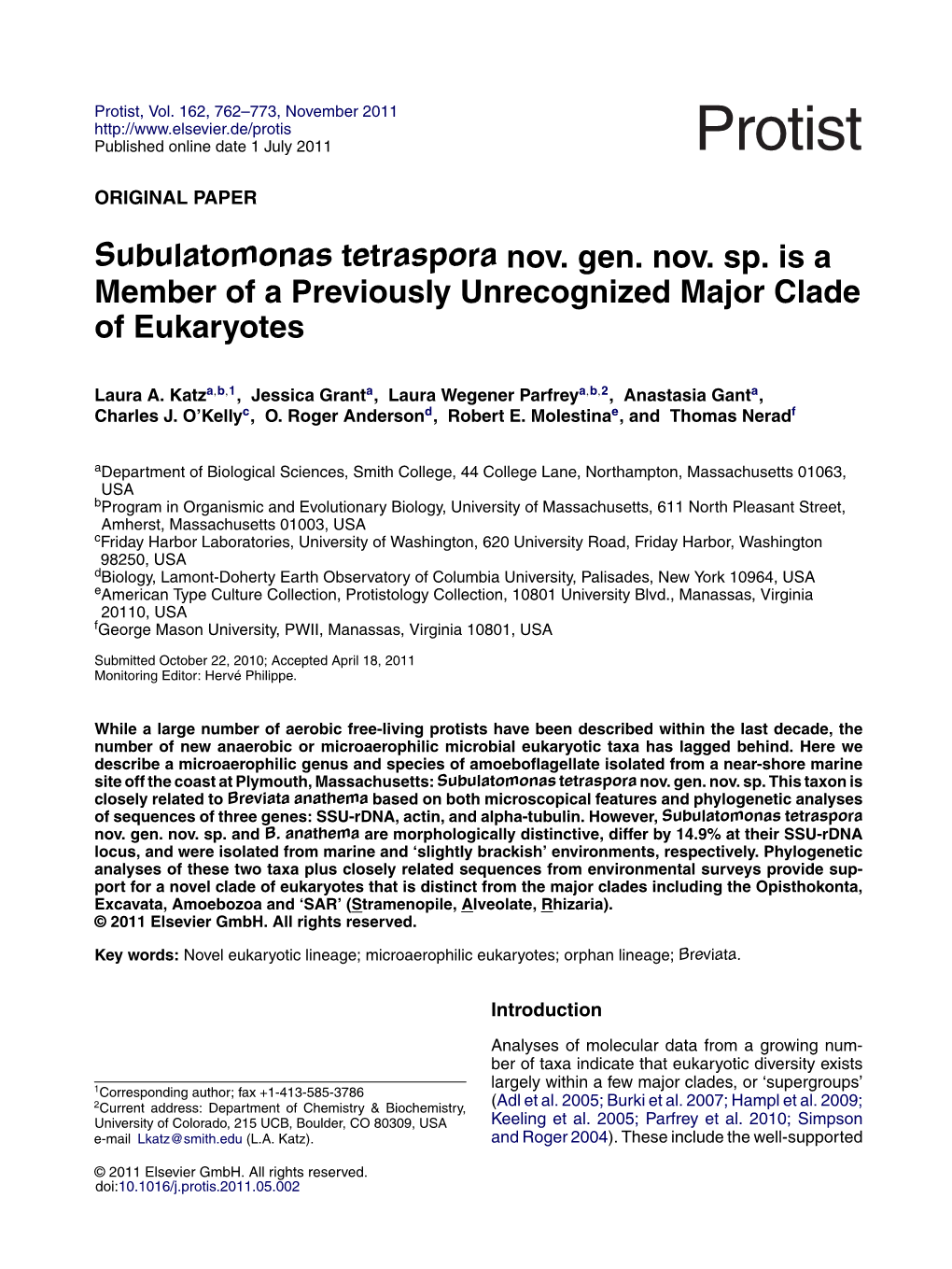 Subulatomonas Tetraspora Nov. Gen. Nov. Sp. Is a Member of a Previously Unrecognized Major Clade of Eukaryotes