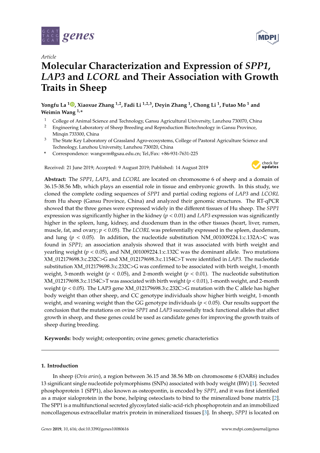 Molecular Characterization and Expression of SPP1, LAP3 and LCORL and Their Association with Growth Traits in Sheep