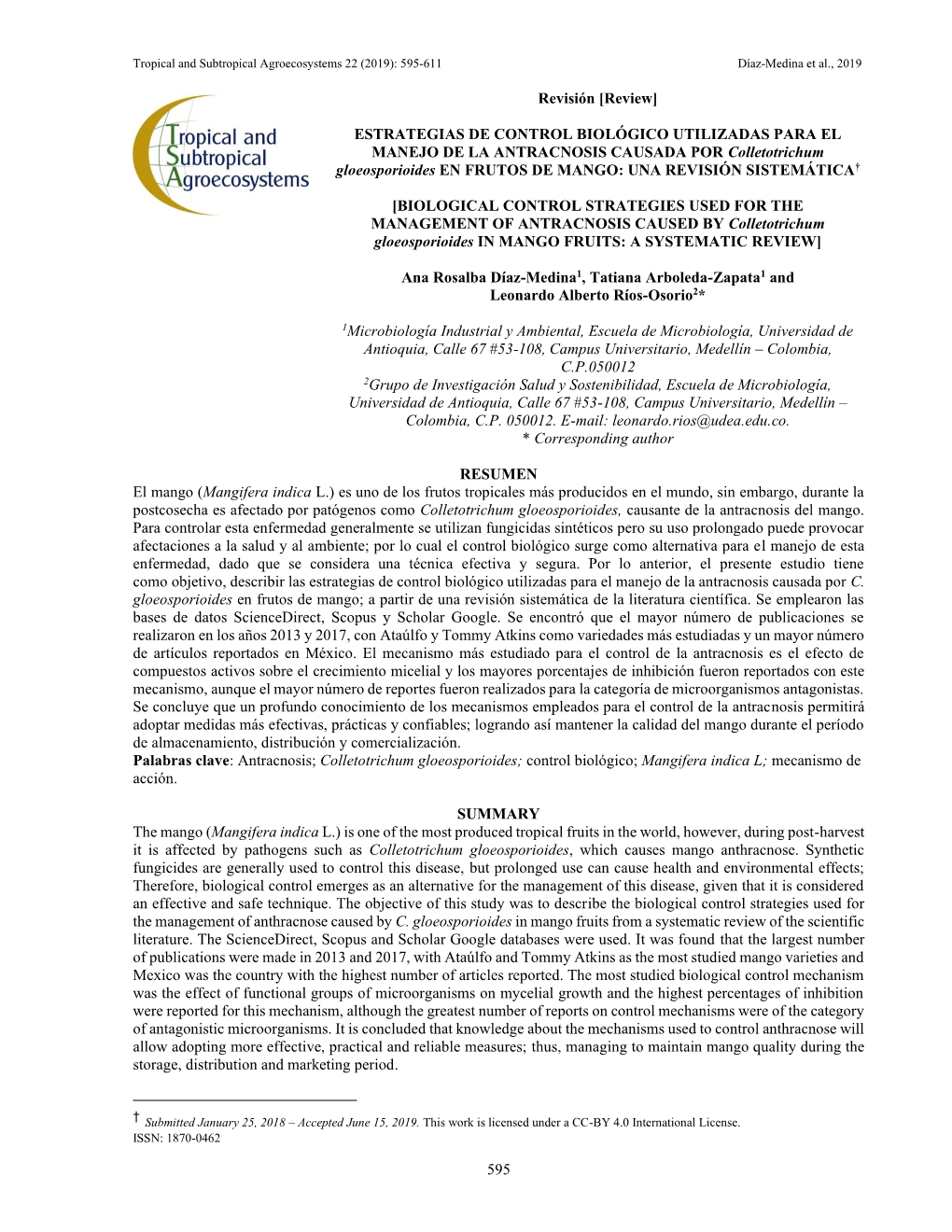 ESTRATEGIAS DE CONTROL BIOLÓGICO UTILIZADAS PARA EL MANEJO DE LA ANTRACNOSIS CAUSADA POR Colletotrichum Gloeosporioides EN FRUTOS DE MANGO: UNA REVISIÓN SISTEMÁTICA†