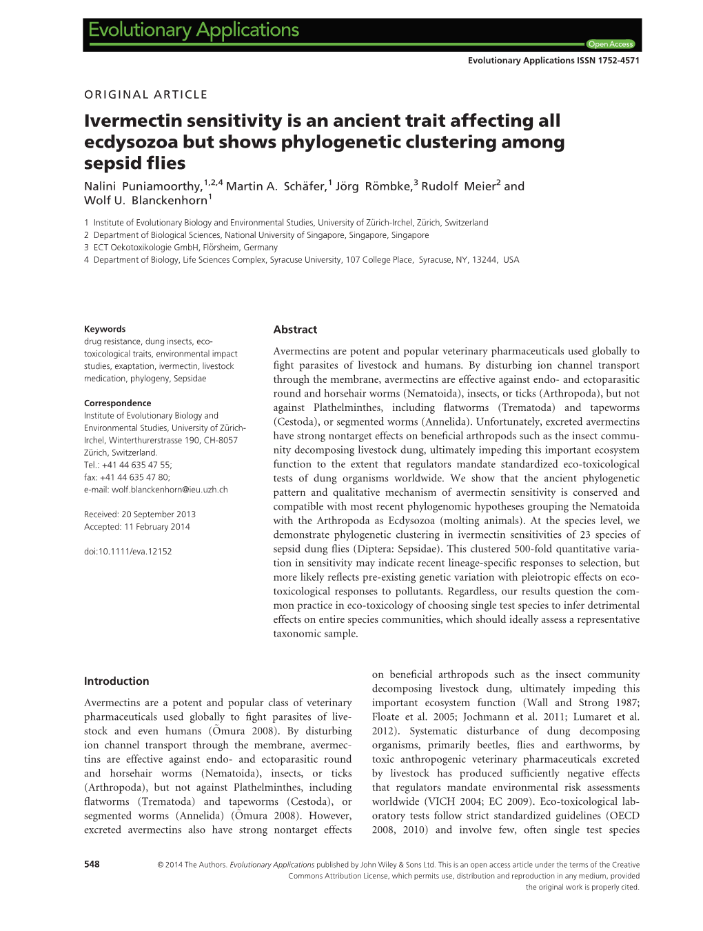 Ivermectin Sensitivity Is an Ancient Trait Affecting All Ecdysozoa but Shows Phylogenetic Clustering Among Sepsid ﬂies Nalini Puniamoorthy,1,2,4 Martin A