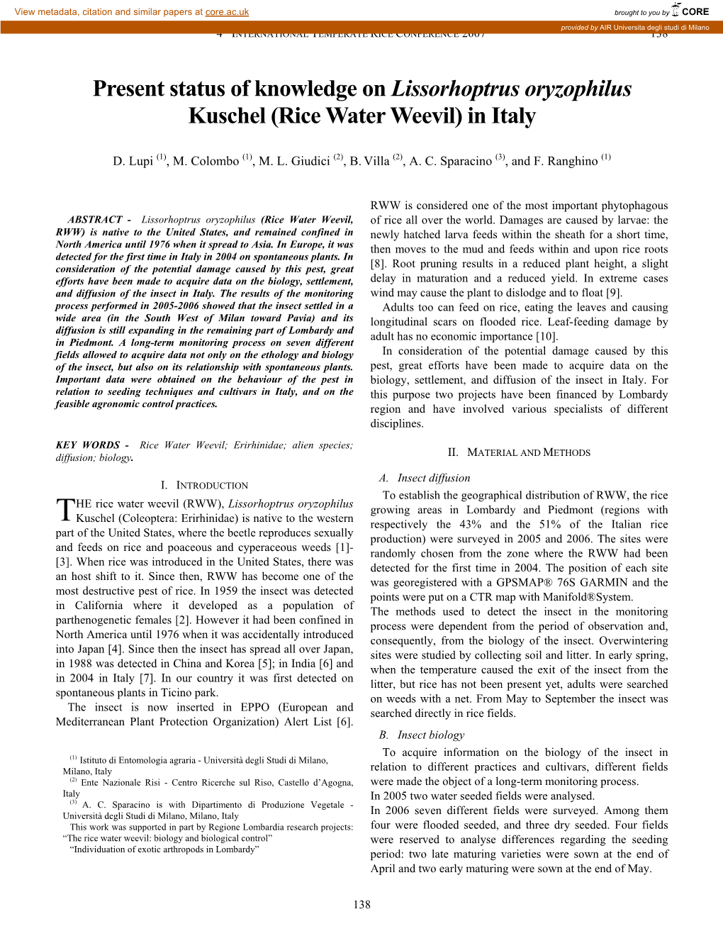 Present Status of Knowledge on Lissorhoptrus Oryzophilus Kuschel (Rice Water Weevil) in Italy