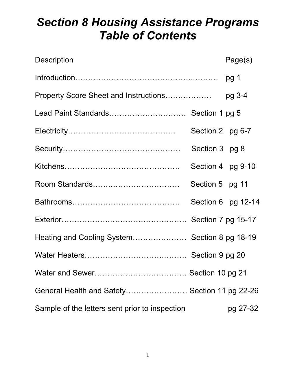 Section 8 Housing Assistance Programs Table of Contents