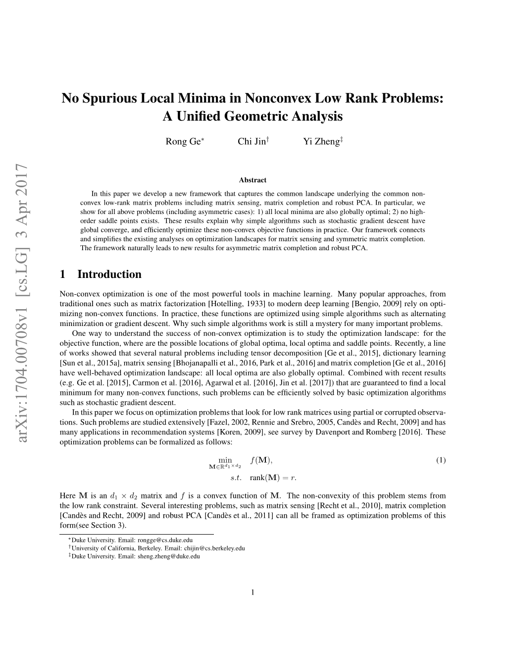 No Spurious Local Minima in Nonconvex Low Rank Problems