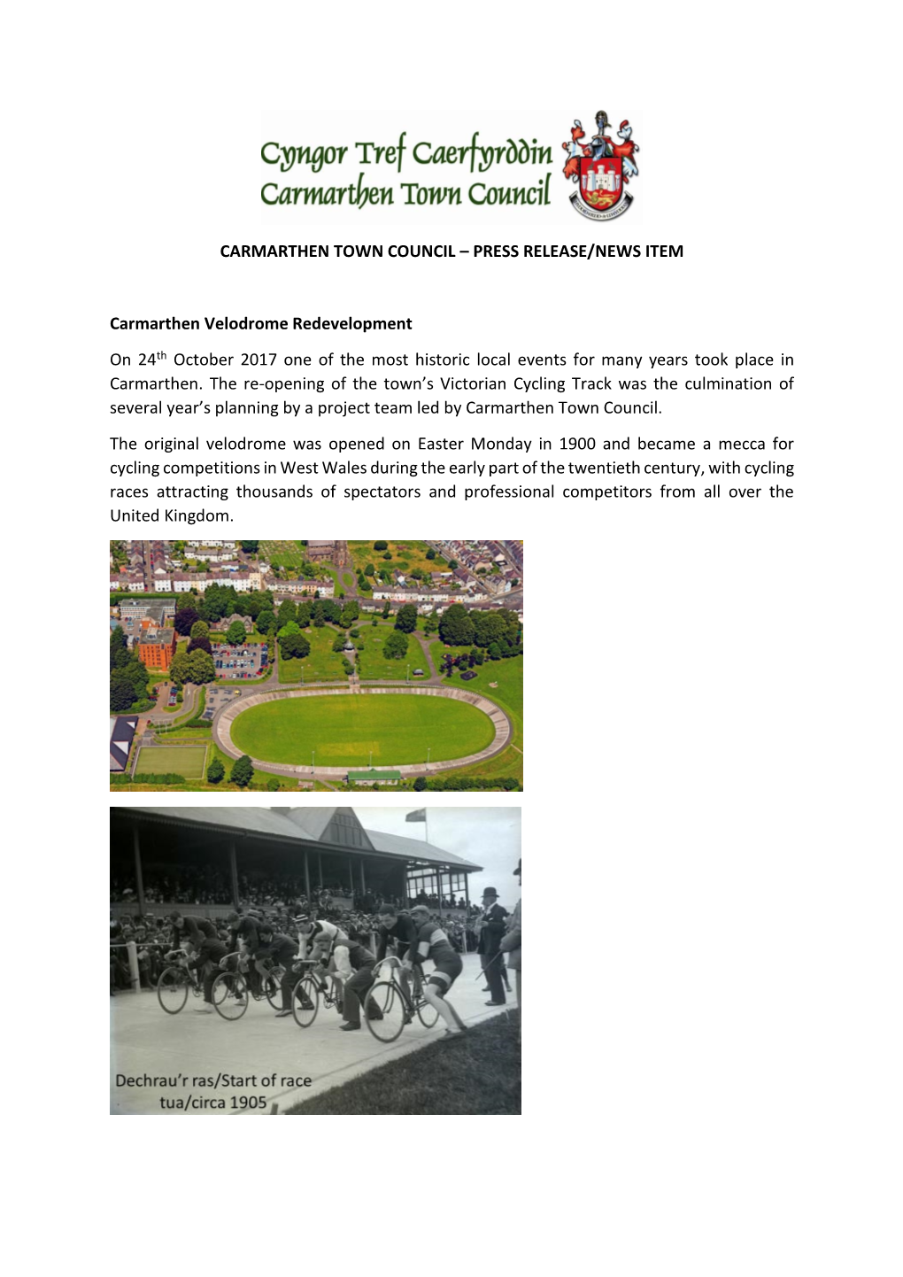 PRESS RELEASE/NEWS ITEM Carmarthen Velodrome