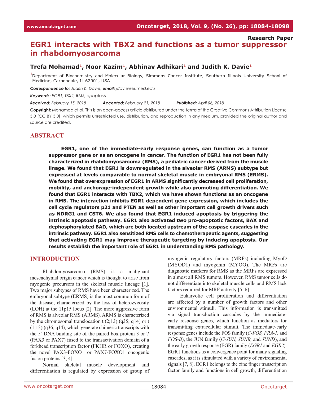 EGR1 Interacts with TBX2 and Functions As a Tumor Suppressor in Rhabdomyosarcoma