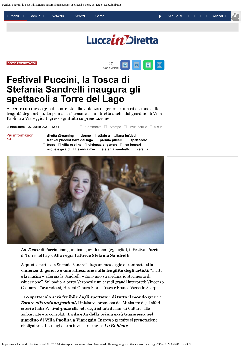 Festival Puccini, La Tosca Di Stefania Sandrelli Inaugura Gli Spettacoli a Torre Del Lago - Luccaindiretta