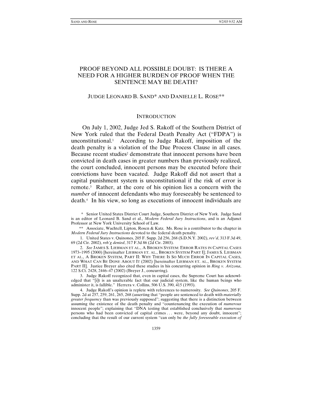 Proof Beyond All Possible Doubt: Is There a Need for a Higher Burden of Proof When the Sentence May Be Death?