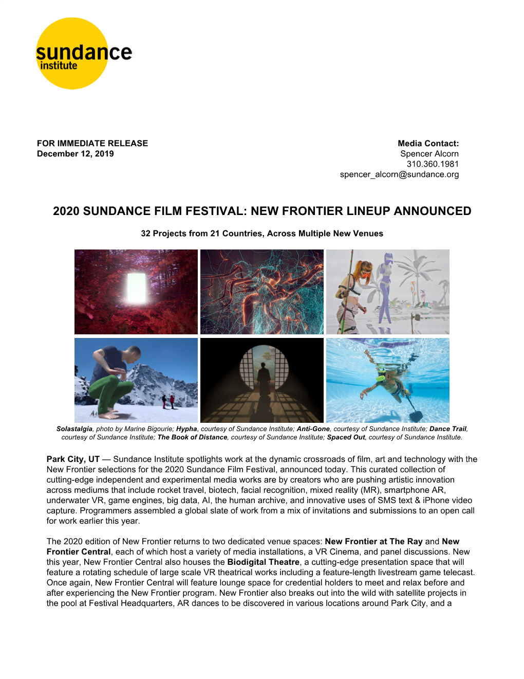 2020 Sundance Film Festival: New Frontier Lineup Announced