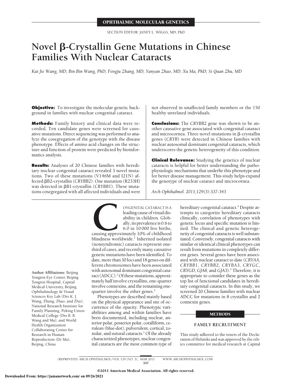 Novel Β-Crystallin Gene Mutations in Chinese Families with Nuclear