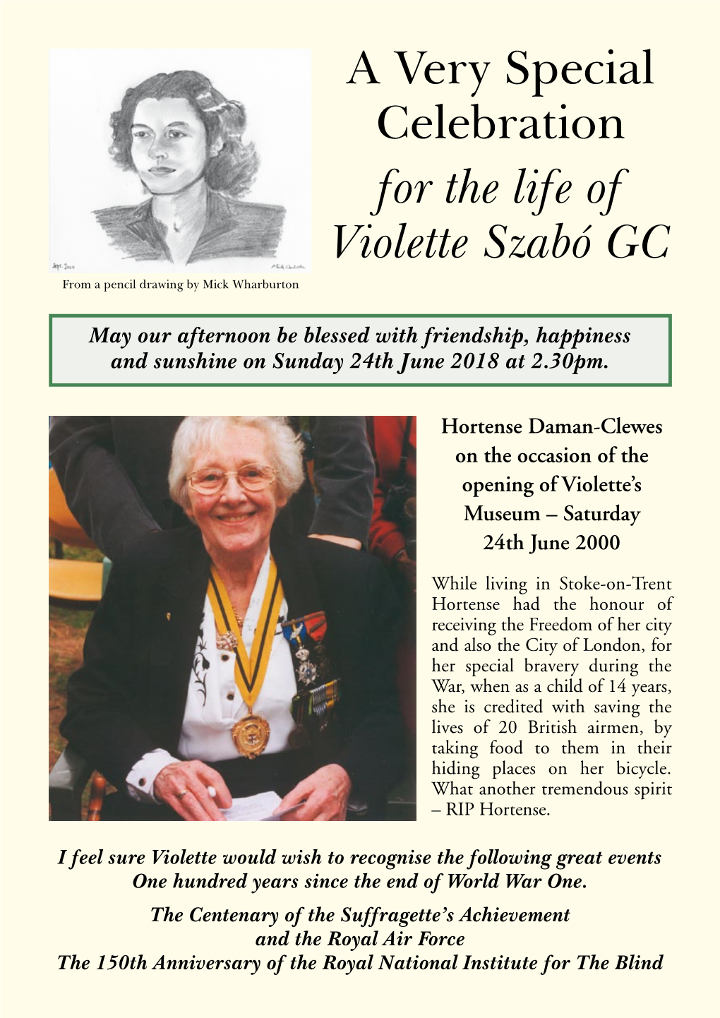 A Very Special Celebration for the Life of Violette Szabó GC from a Pencil Drawing by Mick Wharburton