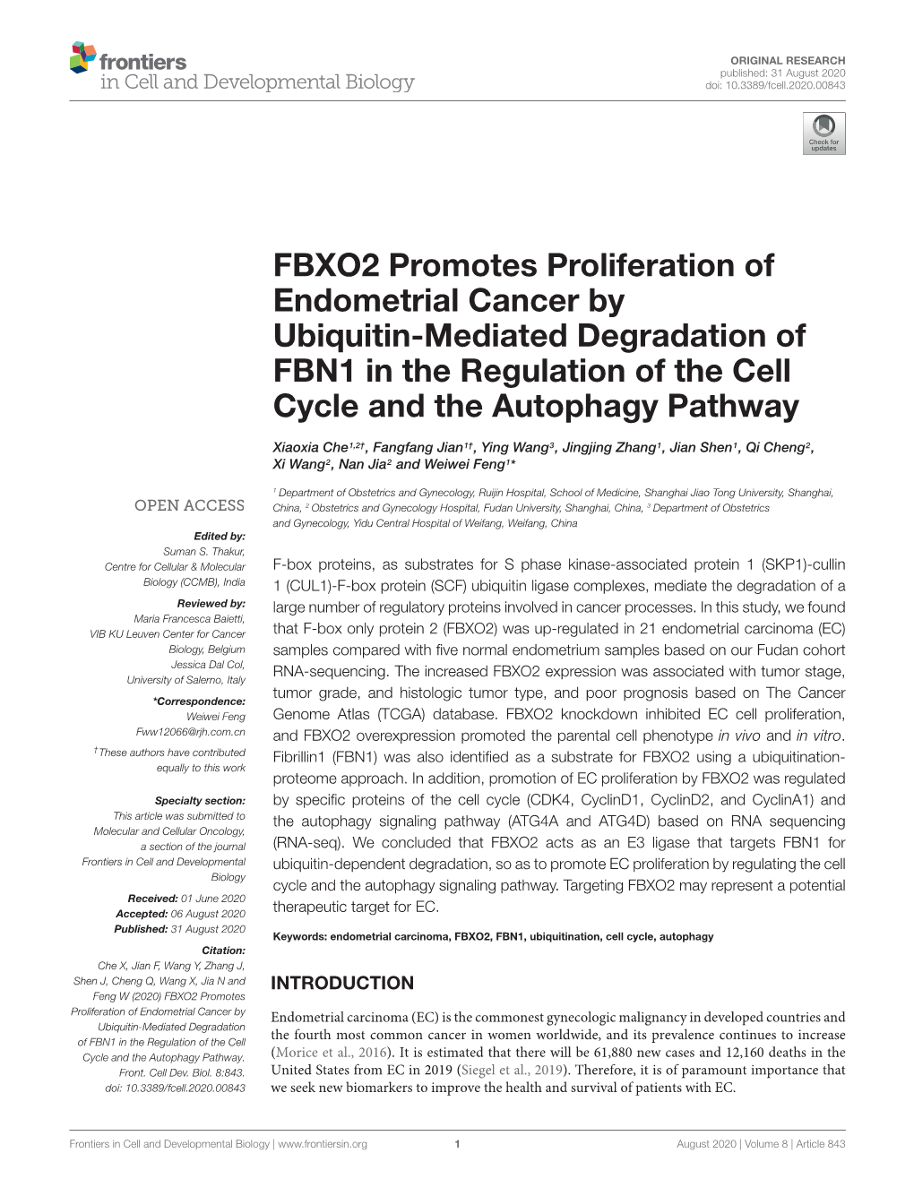 FBXO2 Promotes Proliferation of Endometrial Cancer by Ubiquitin-Mediated Degradation of FBN1 in the Regulation of the Cell Cycle and the Autophagy Pathway