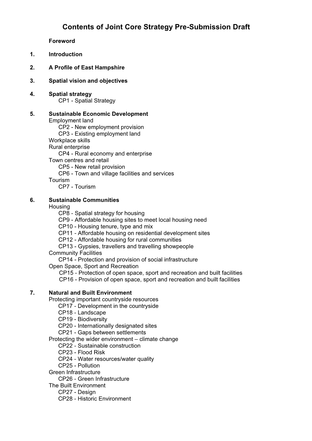 Contents of Joint Core Strategy Pre-Submission Draft