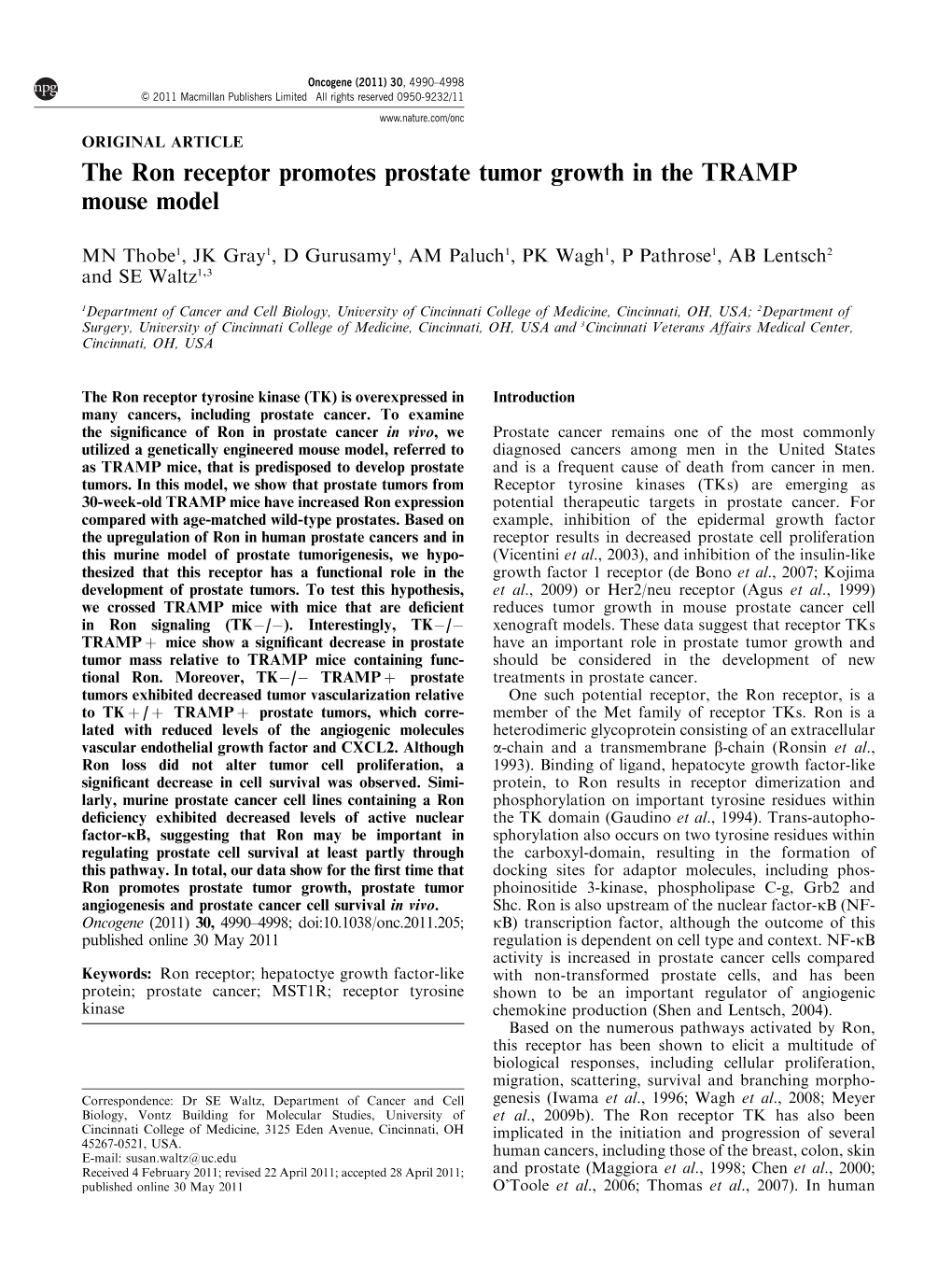 The Ron Receptor Promotes Prostate Tumor Growth in the TRAMP Mouse Model
