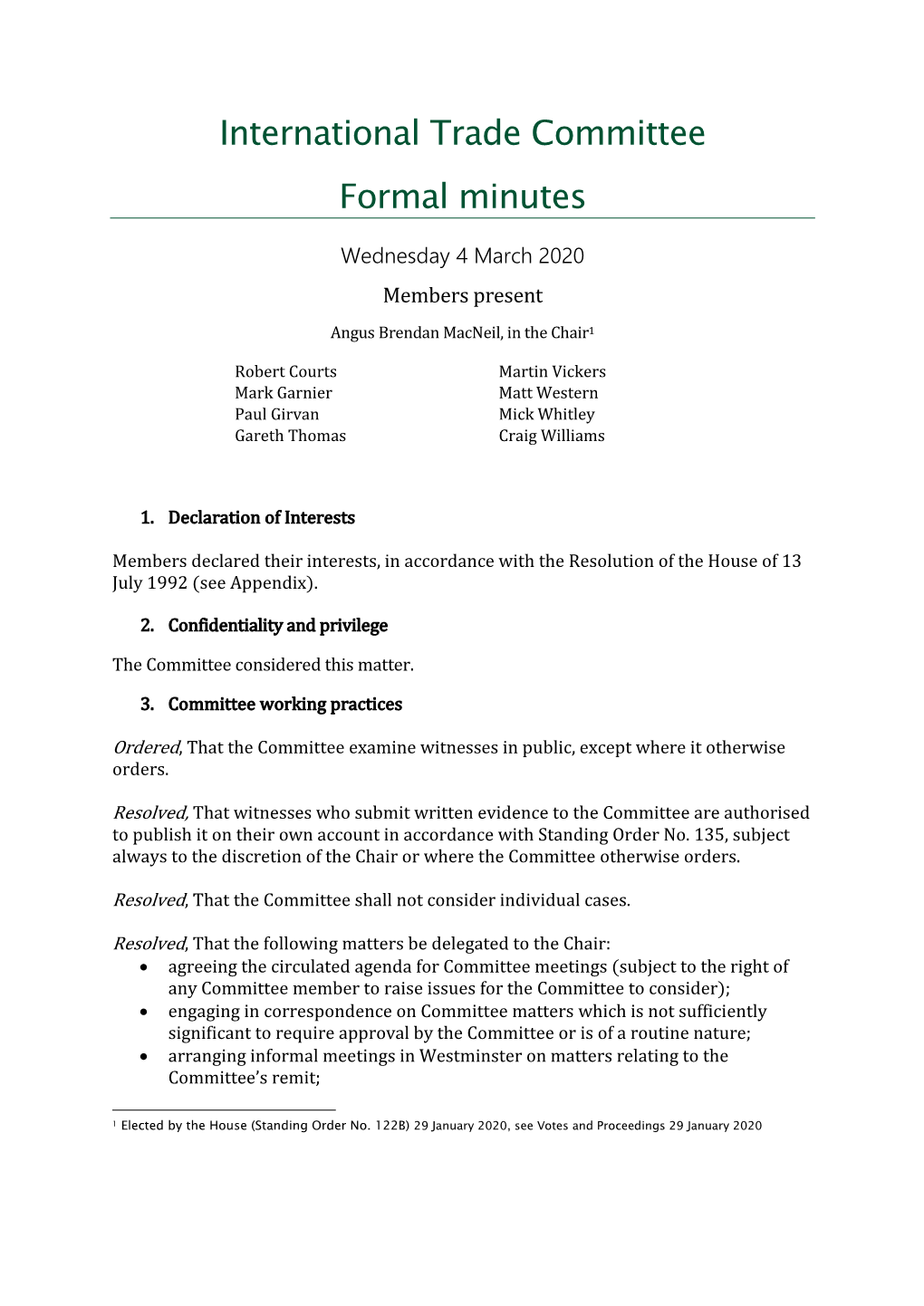 International Trade Committee Formal Minutes