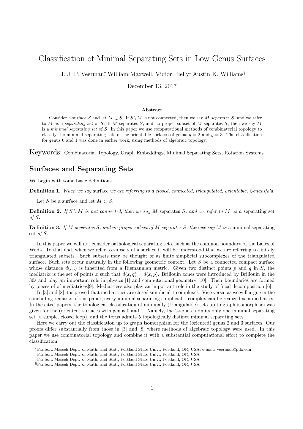 Classification of Minimal Separating Sets in Low Genus Surfaces