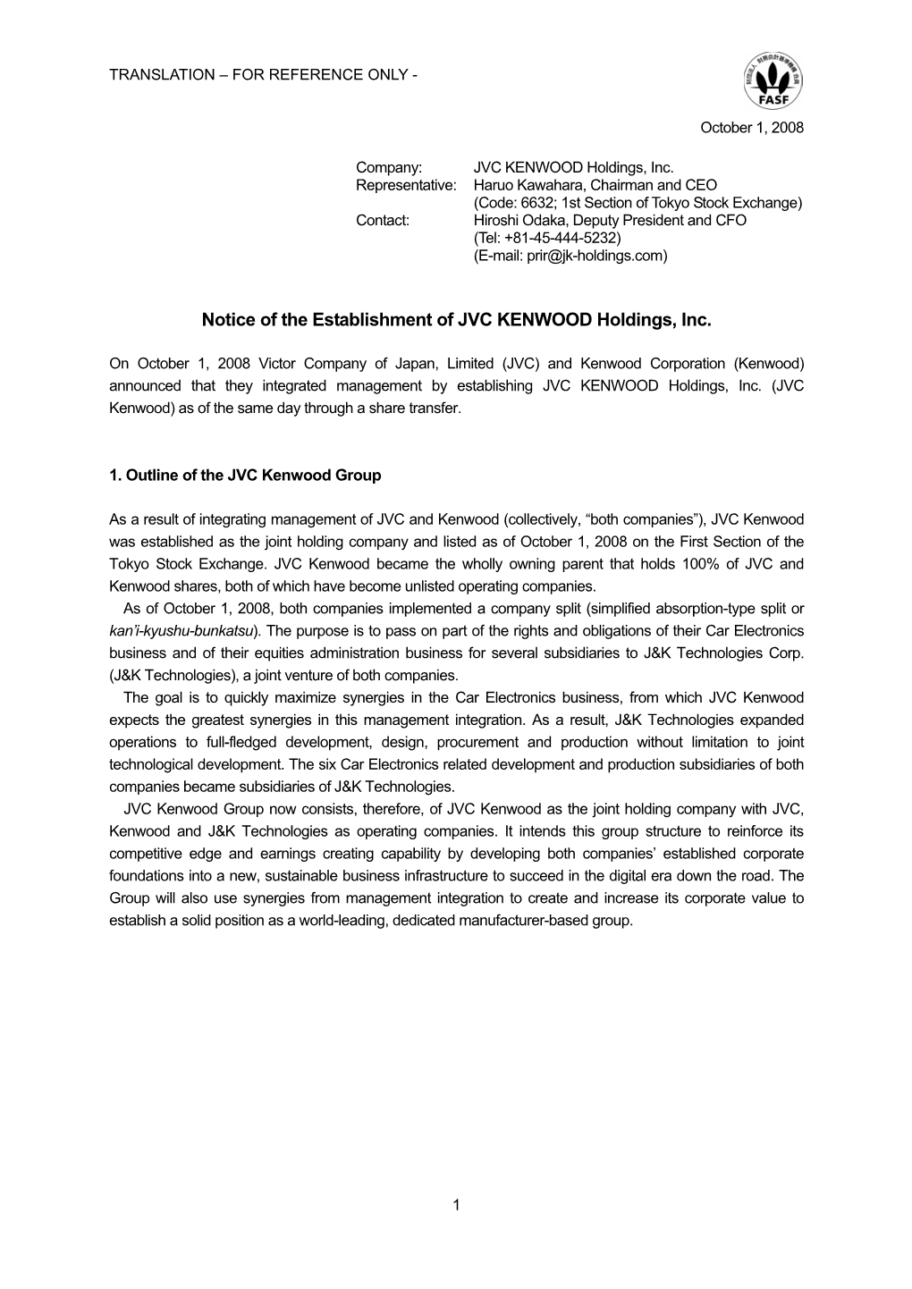 Notice of the Establishment of JVC KENWOOD Holdings, Inc