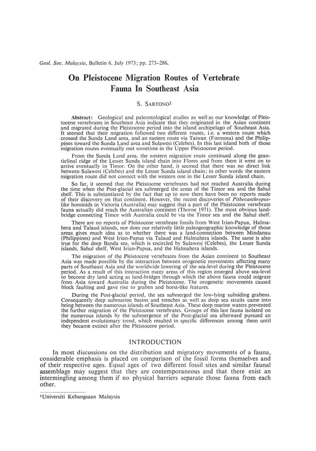 On Pleistocene Migration Routes of Vertebrate Fauna in Southeast Asia