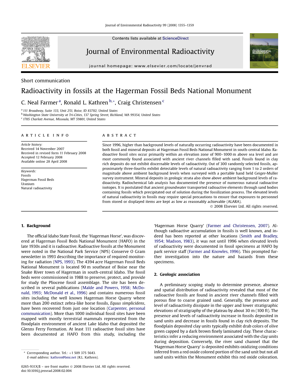 Radioactivity in Fossils at the Hagerman Fossil Beds National Monument