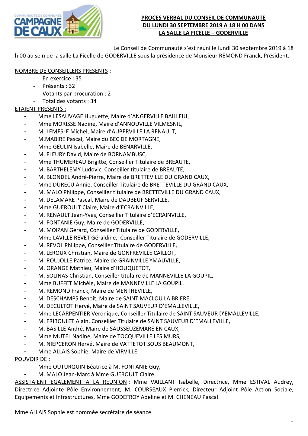 Proces Verbal Du Conseil De Communaute Du Lundi 30 Septembre 2019 a 18 H 00 Dans La Salle La Ficelle – Goderville